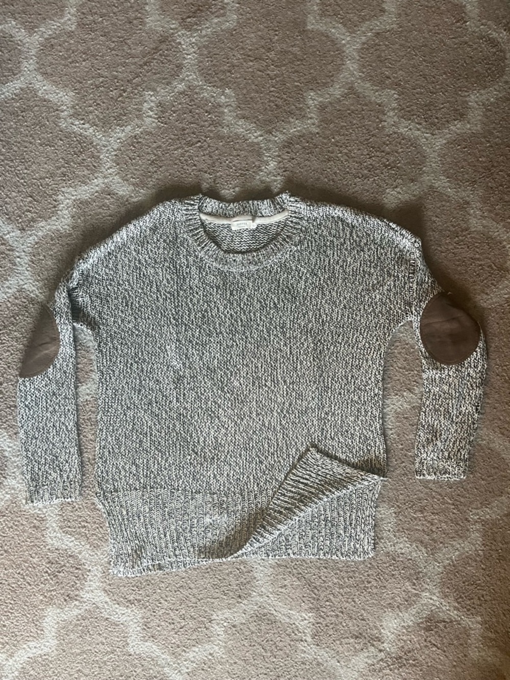 Francesca’s Black and White Marled Crewneck Sweater with Brown Elbow Patches